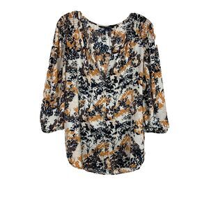 Zac & Rachel Women's V-Neck Button Down Blouse Size L Cream Brown 3/4 Sleeves